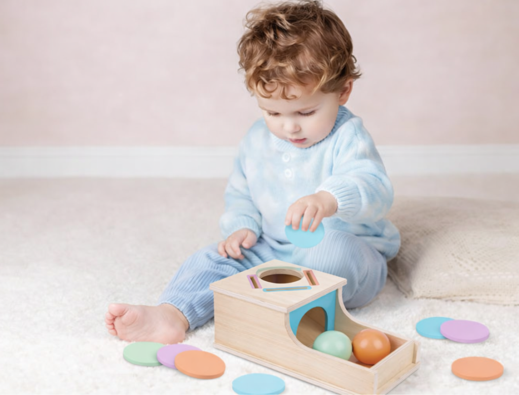 toddler playing with permanence box