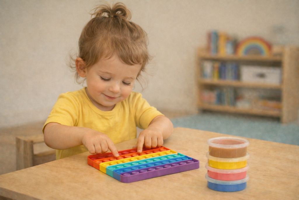 toddler playing with push and play toy