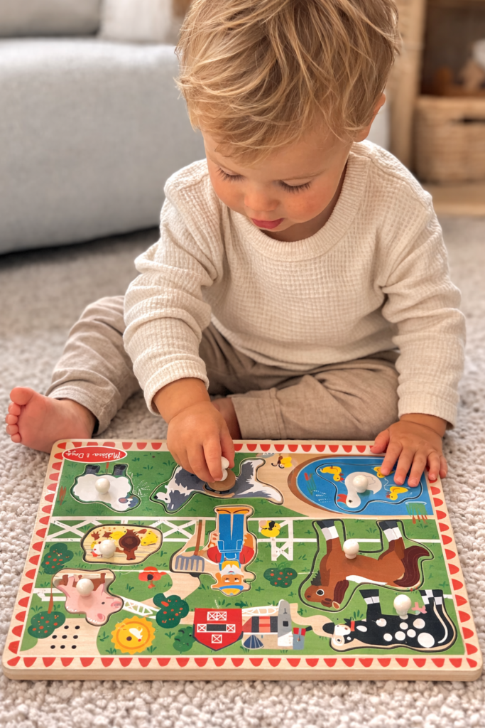 toddler playing with a peg puzzle