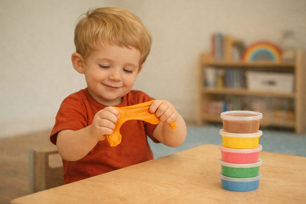 toddler playing with therapy putty toy