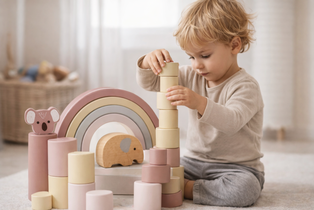 toddler playing with building blocks