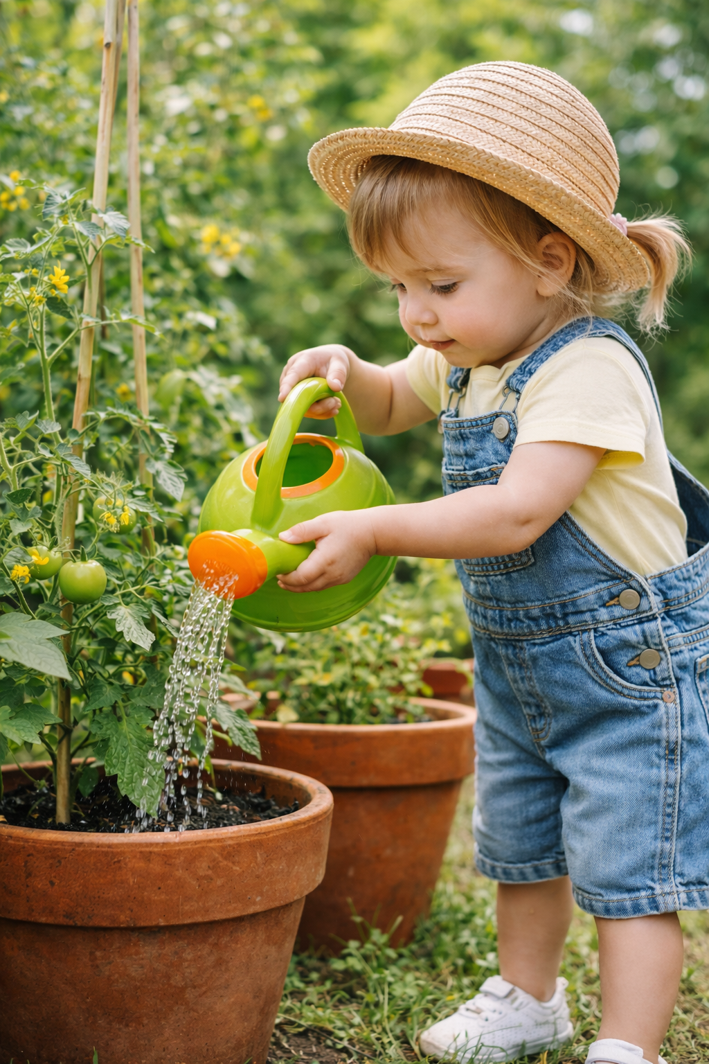 toddler watering plants with small green watering can