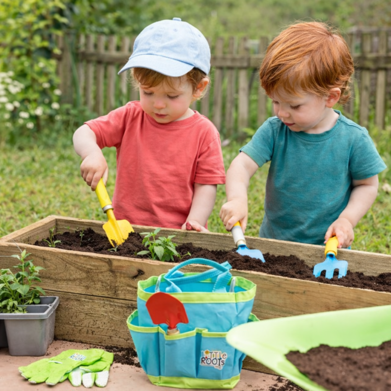 toddlers gardening with gardening tools