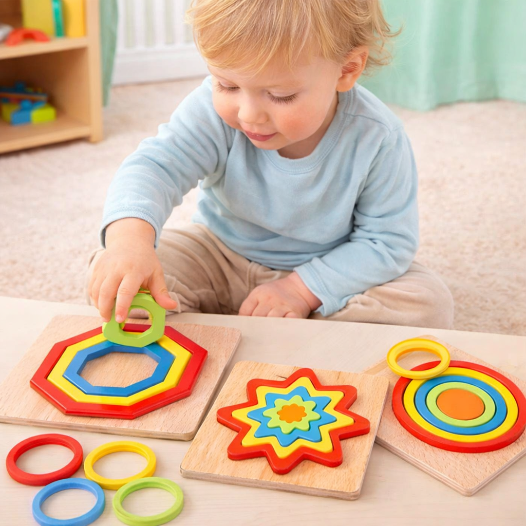 toddler playing with wooden puzzle