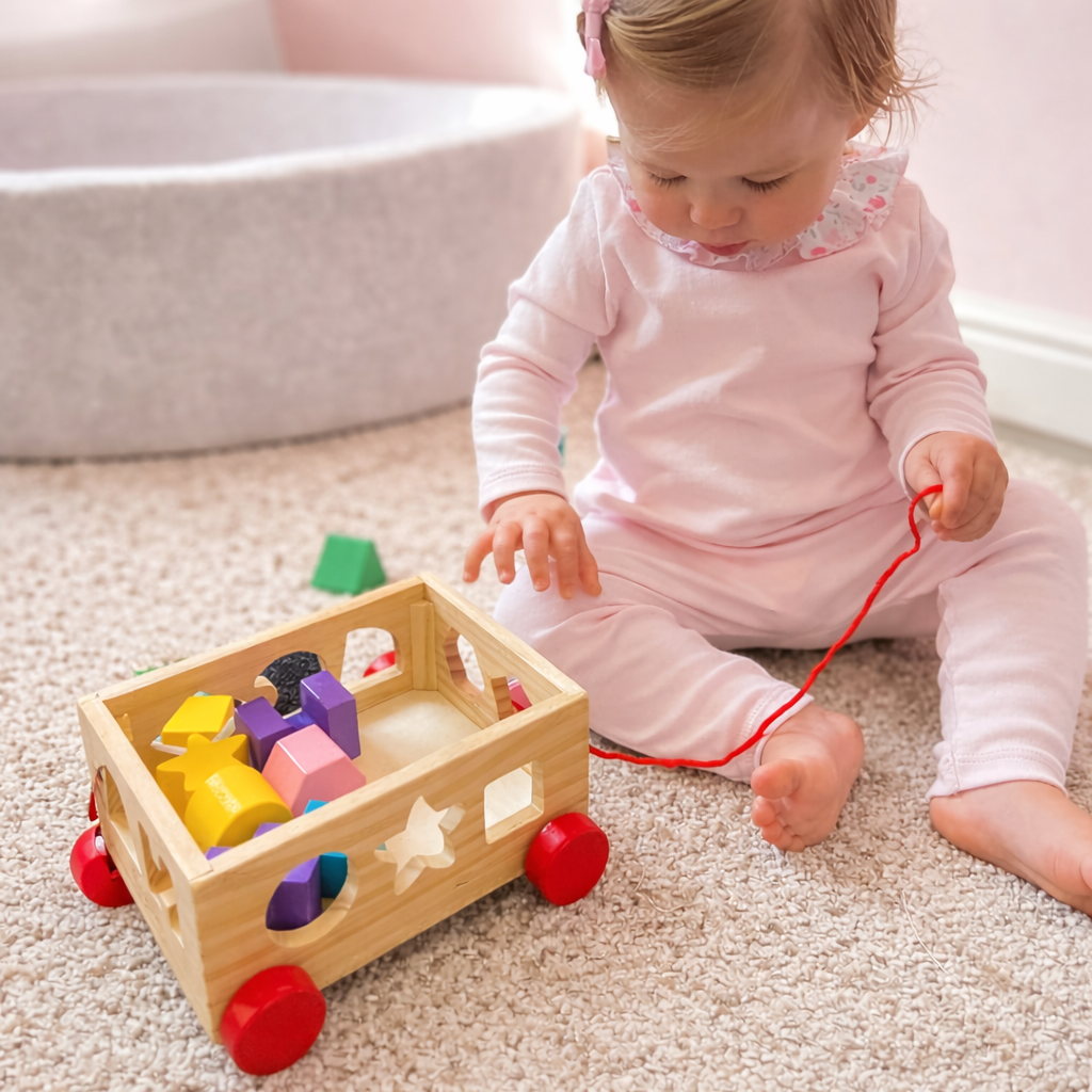 toddler playing with wooden shape sorter