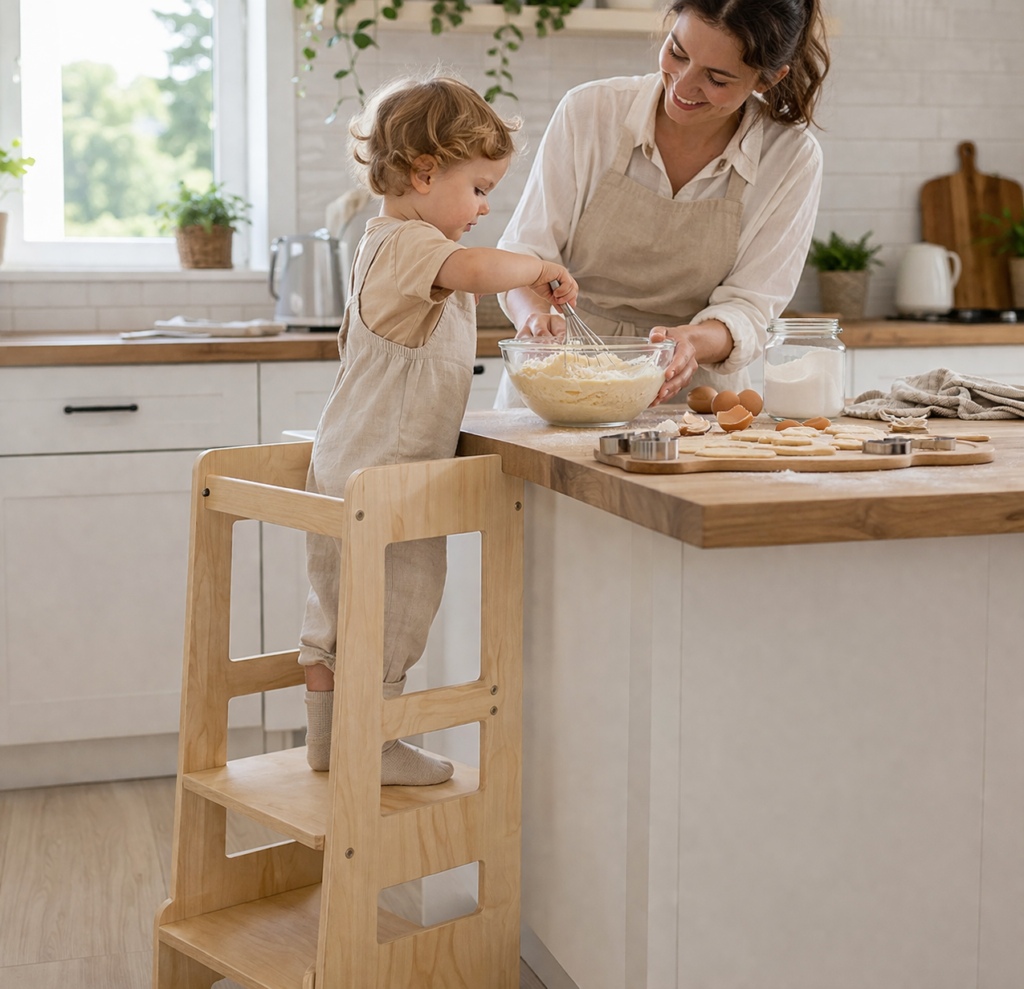toddler and mum baking on kitchen tower