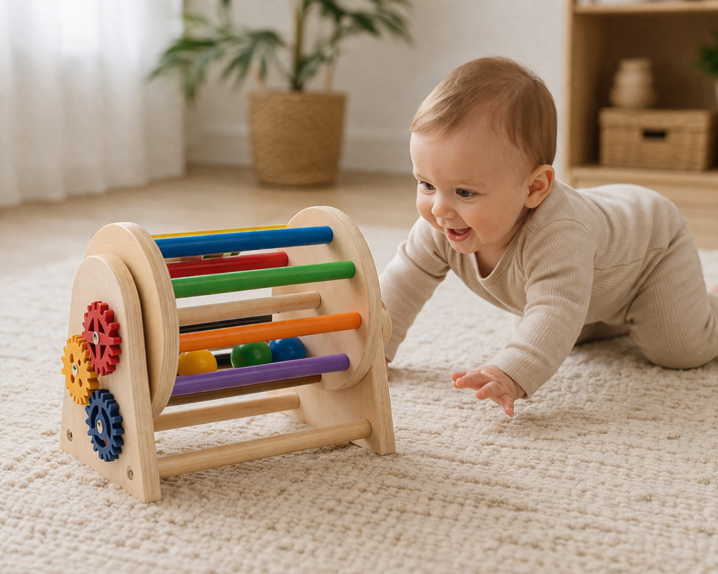 Happy baby engaged with colourful toy