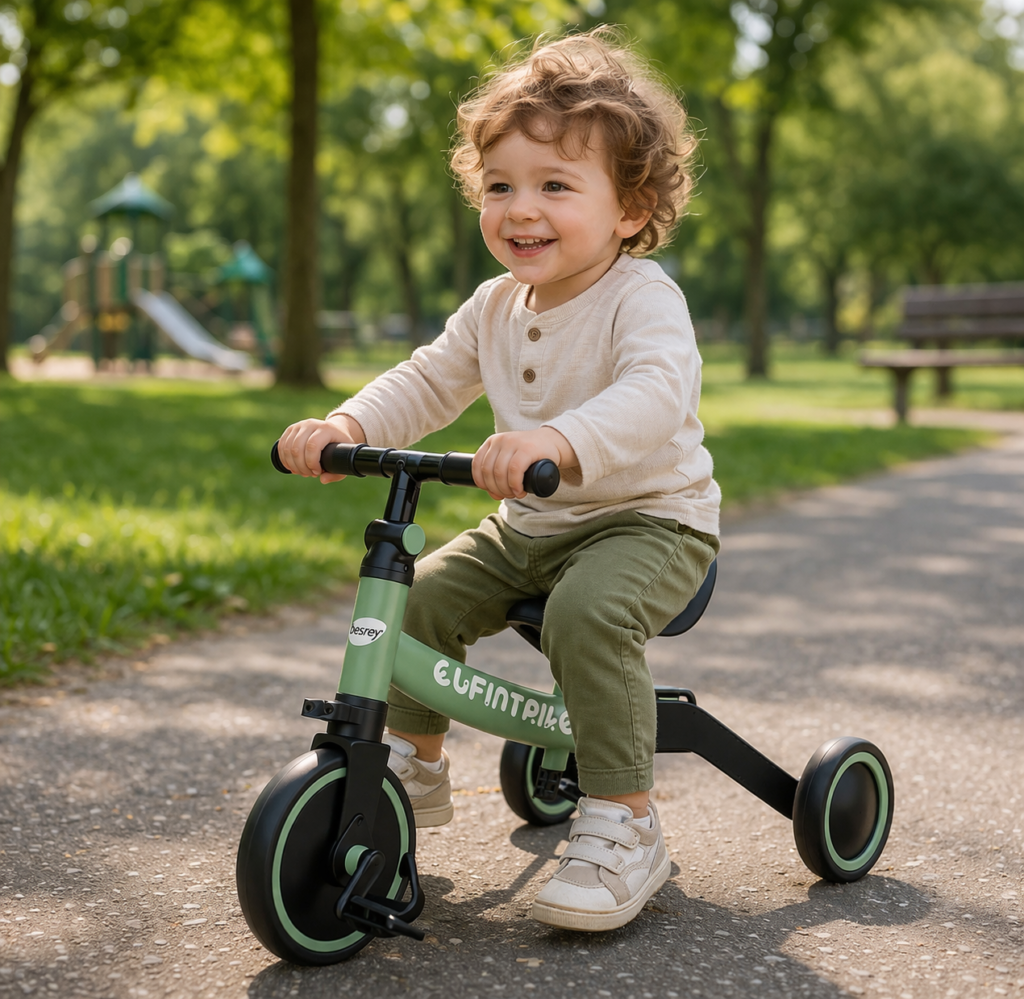 toddler riding a tricycle in the park