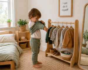 Toddler dressing in a minimalist bedroom