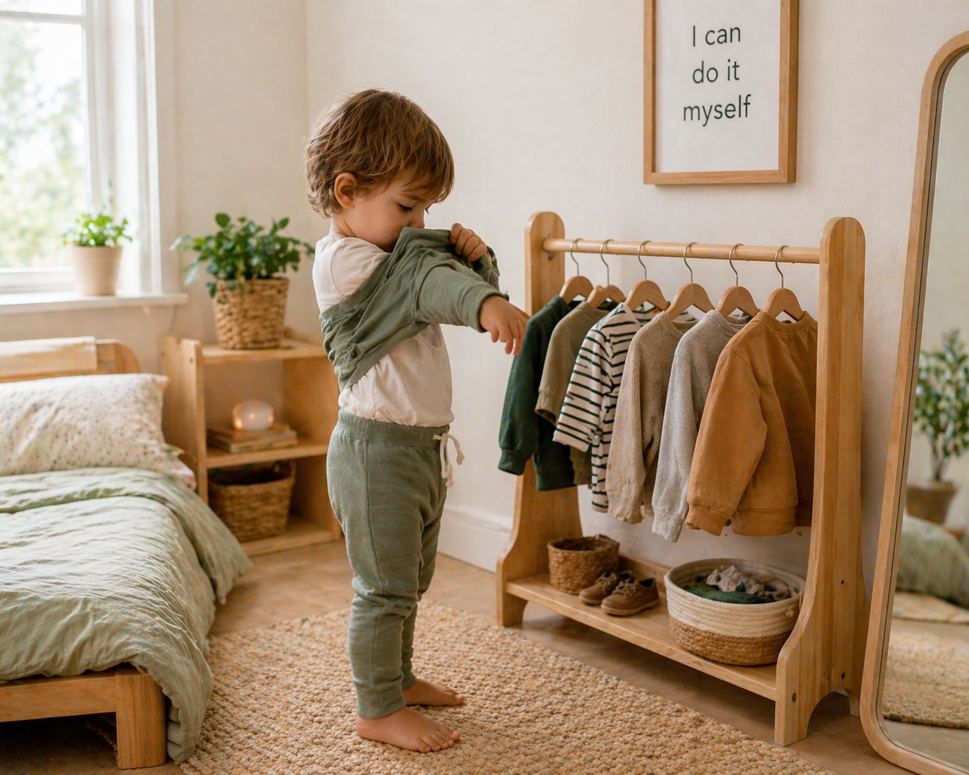 Toddler dressing in a minimalist bedroom