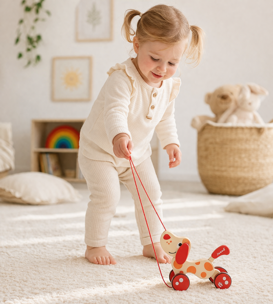 Toddler playing with pull-along toy
