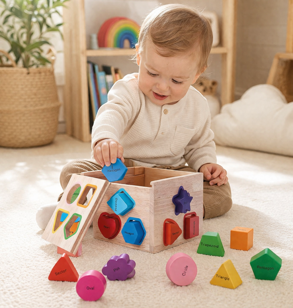 Toddler playing with shape sorter toy