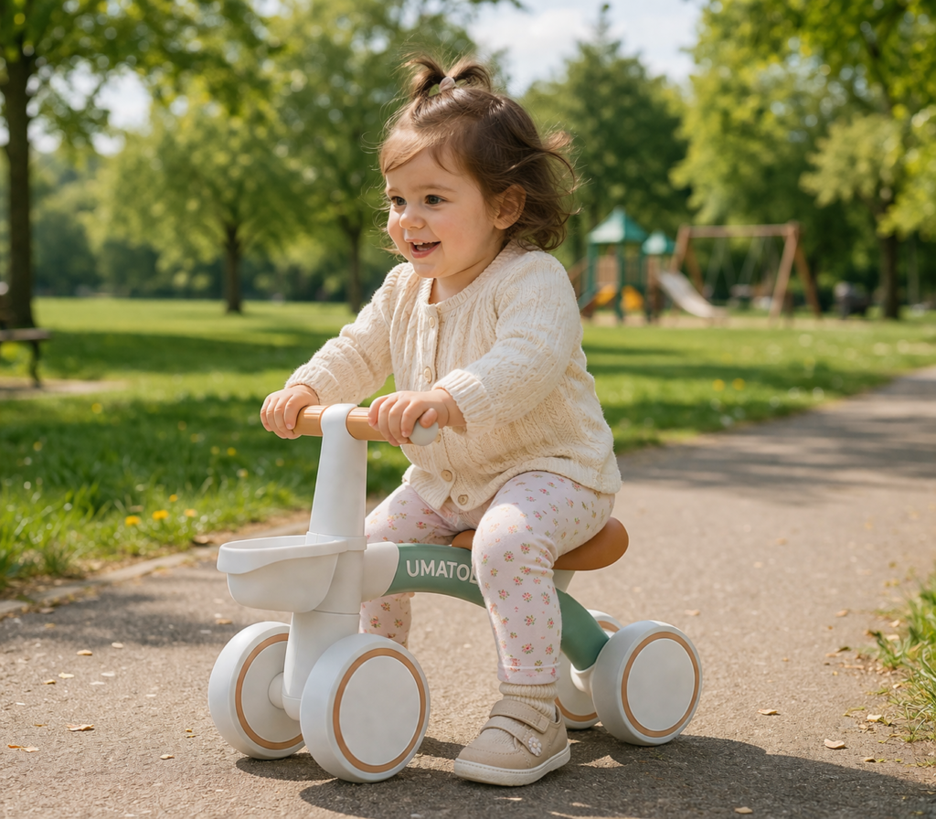 toddler riding a balance bike in the park
