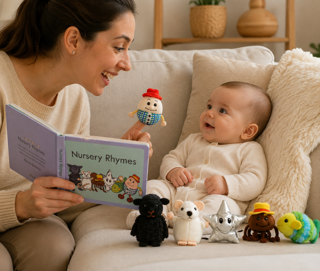 Mother using finger puppets and reading nursery rhymes to 4 month old baby.