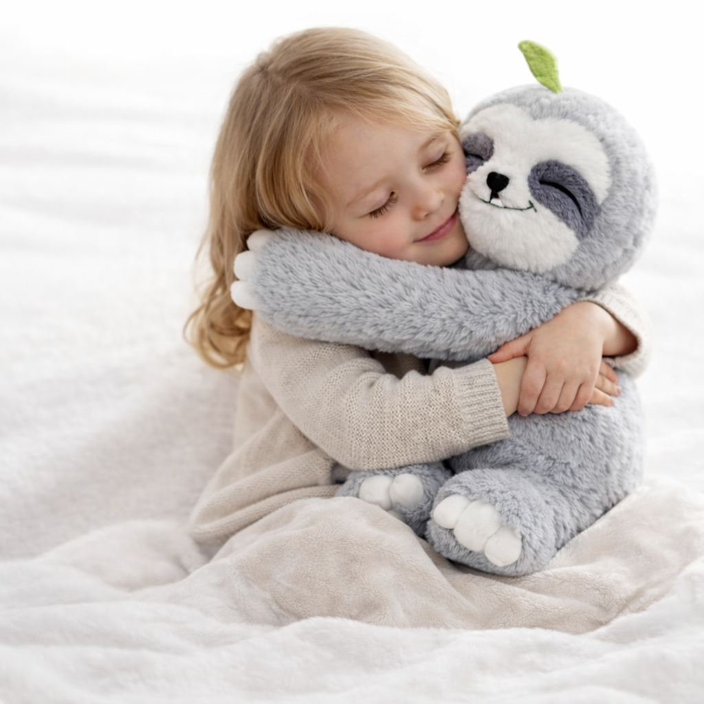 toddler hugging a sloth weighted lap pad