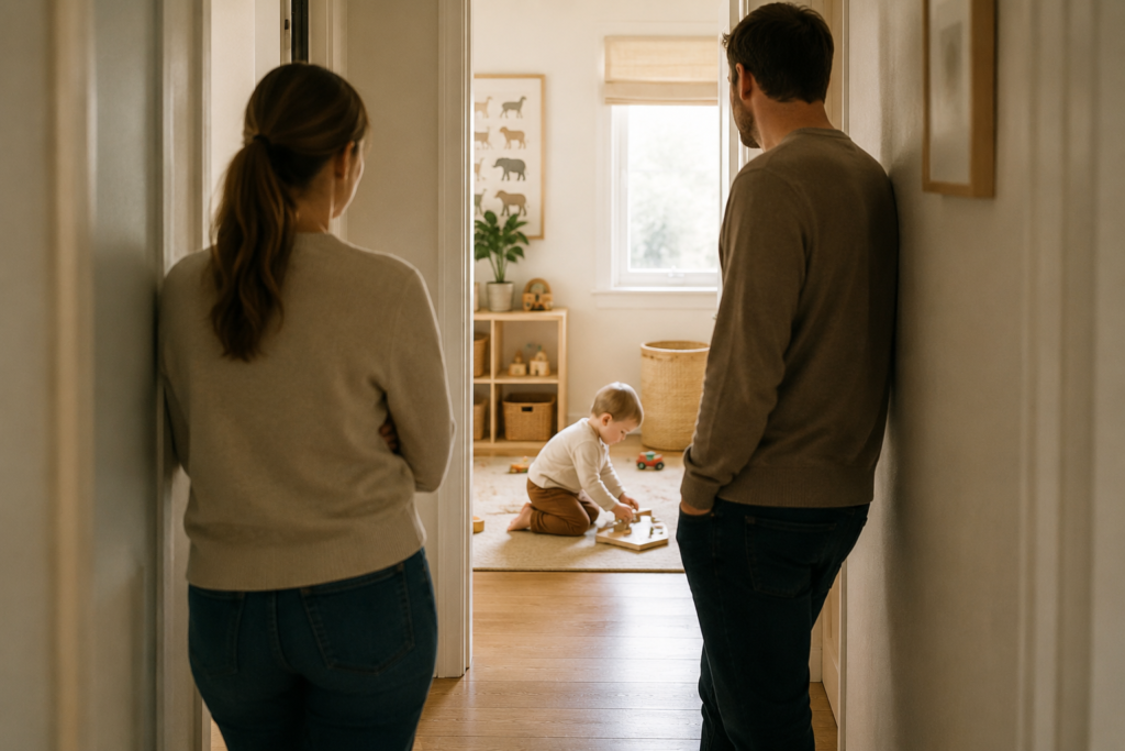 parents waiting for toddler to finish playing
