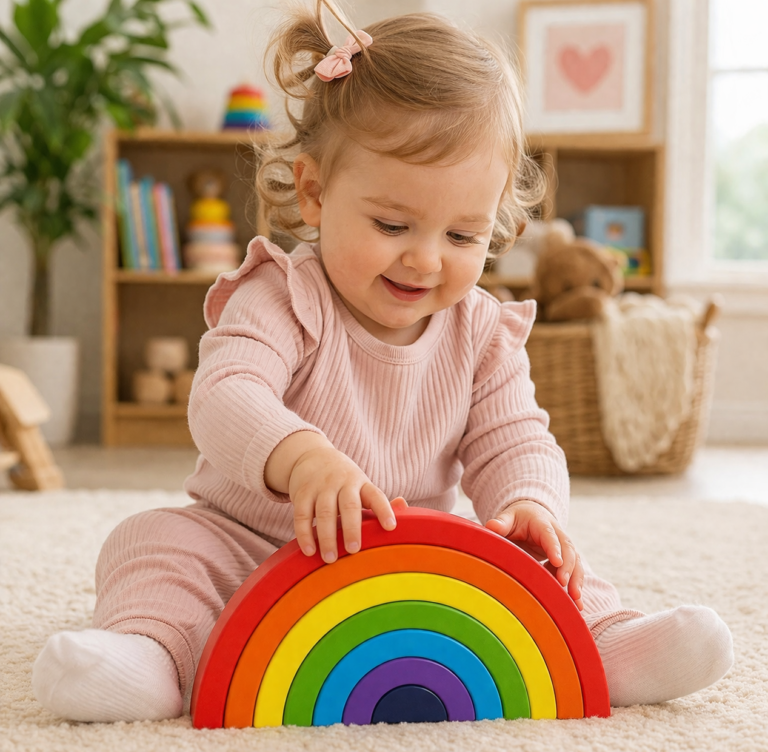 toddler playing with rainbow stacking rings