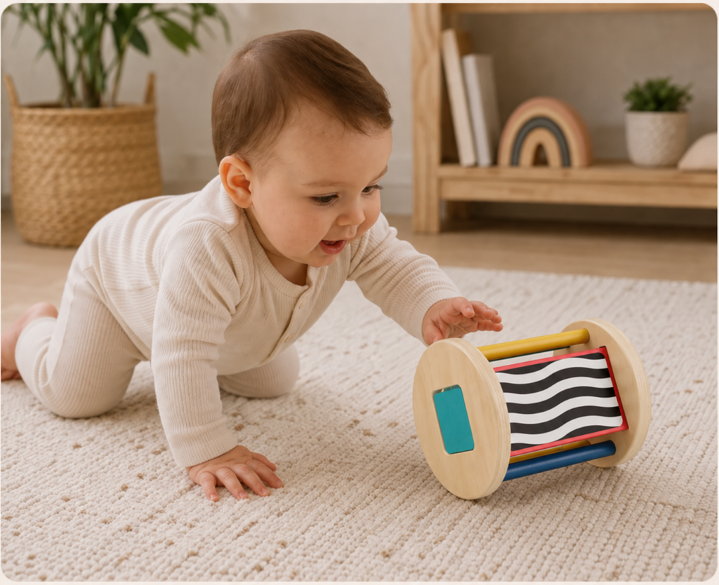 Young toddler crawling towards a sensory rolling toy during independent play