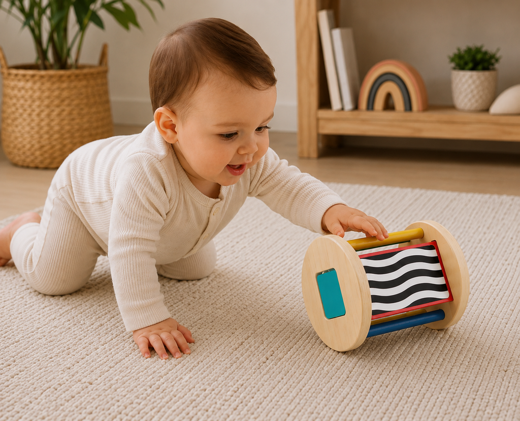 Baby crawling towards a wooden crawling roller toy