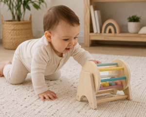 baby playing with a roller toy