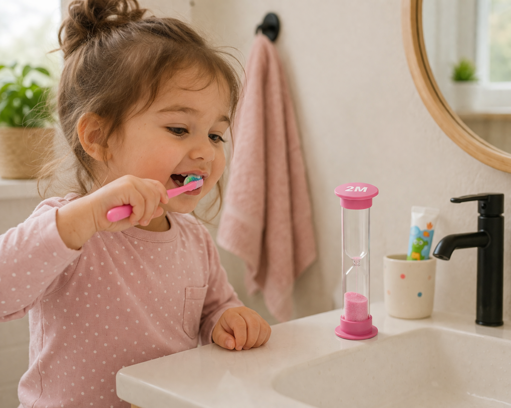 toddler brushing teeth with sand timer