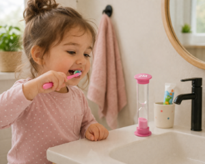 toddler brusing teeth with a visual timer