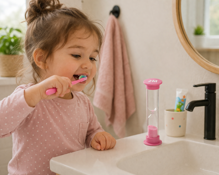 toddler brusing teeth with a visual timer