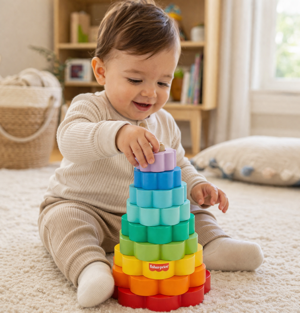 toddler stacking toys  in a sunny nursery