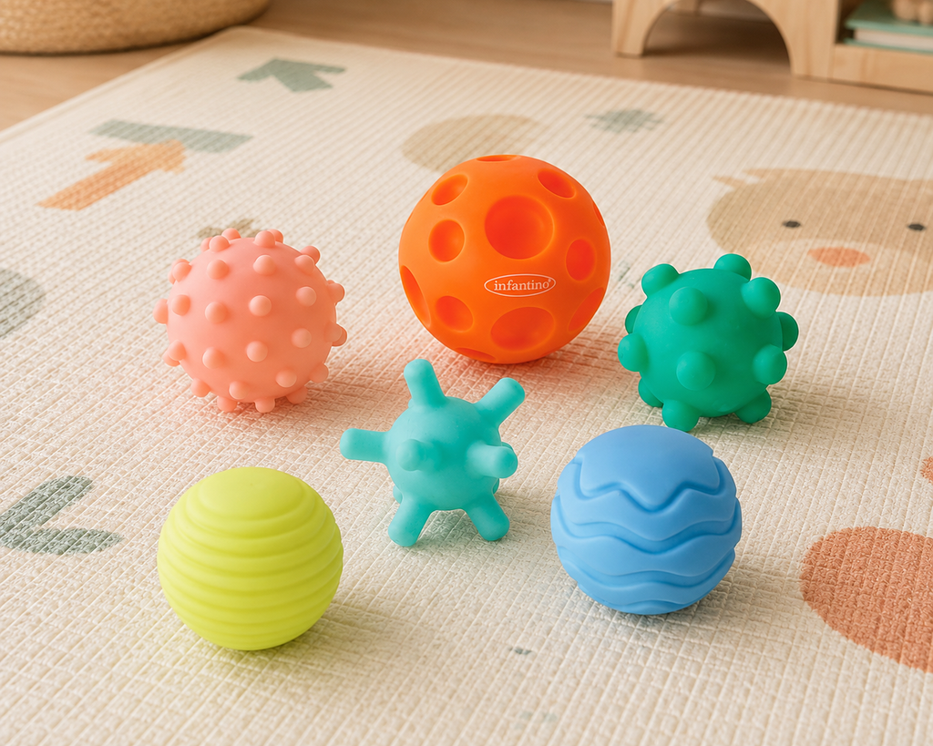 Colourful Textured Sensory Balls recommended for Reaching & Early Crawling for 3 month olds.