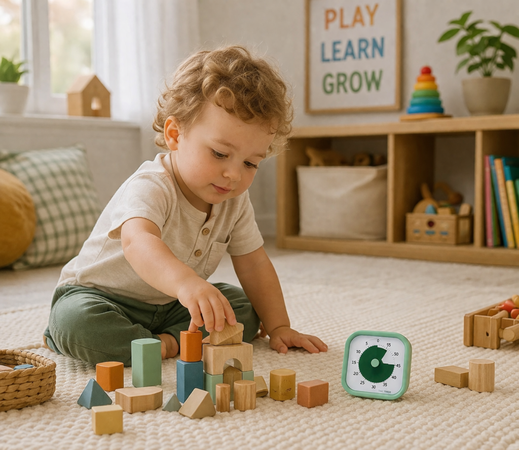 toddler playing with building blocks with visual timer
