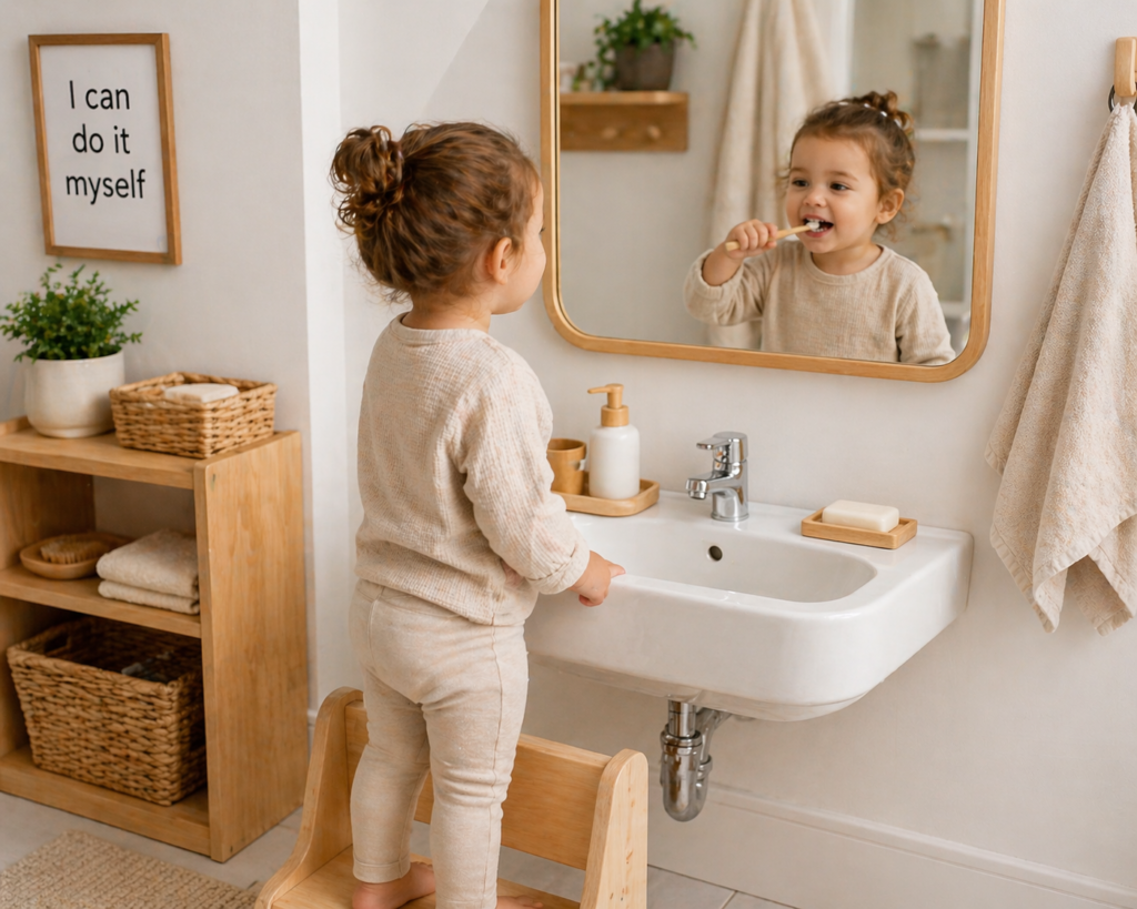 toddler brushing teeth in front of mirror