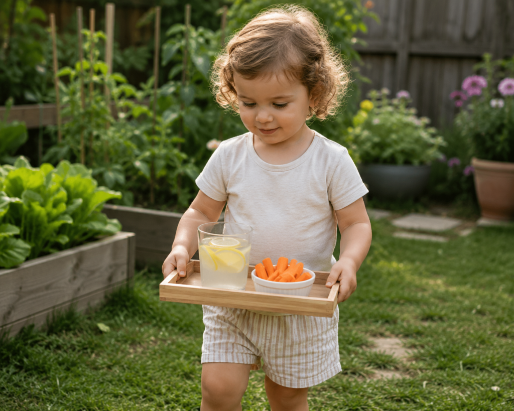 toddler carrying a tray