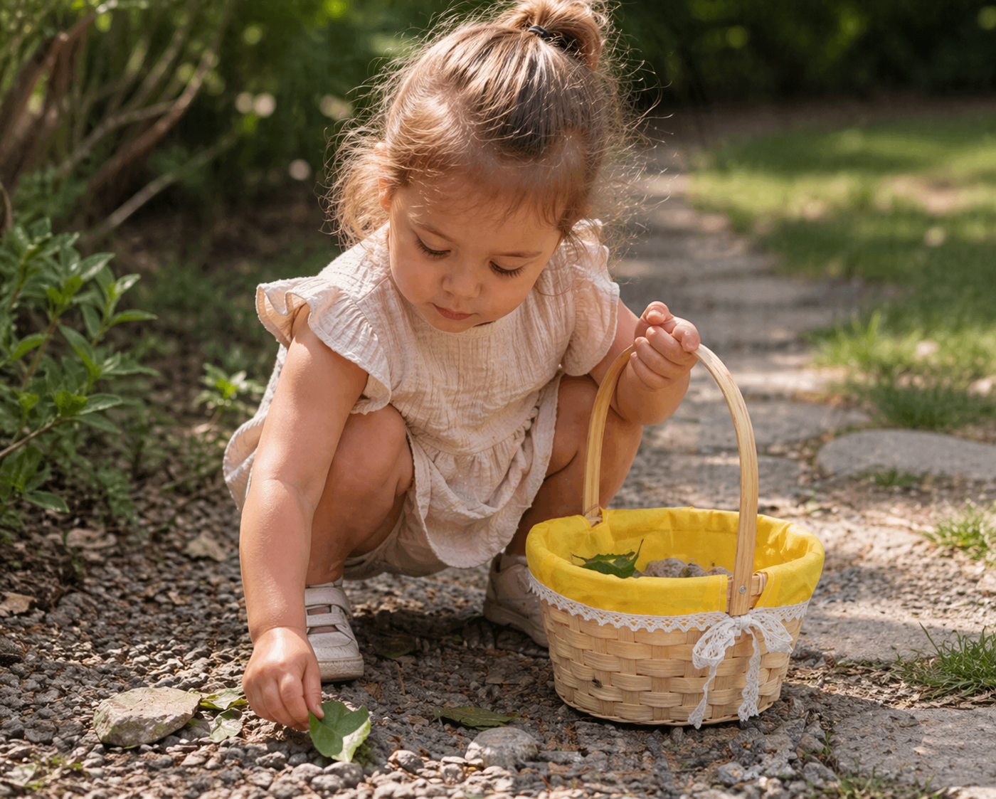 toddler gathering leaves into a basket
