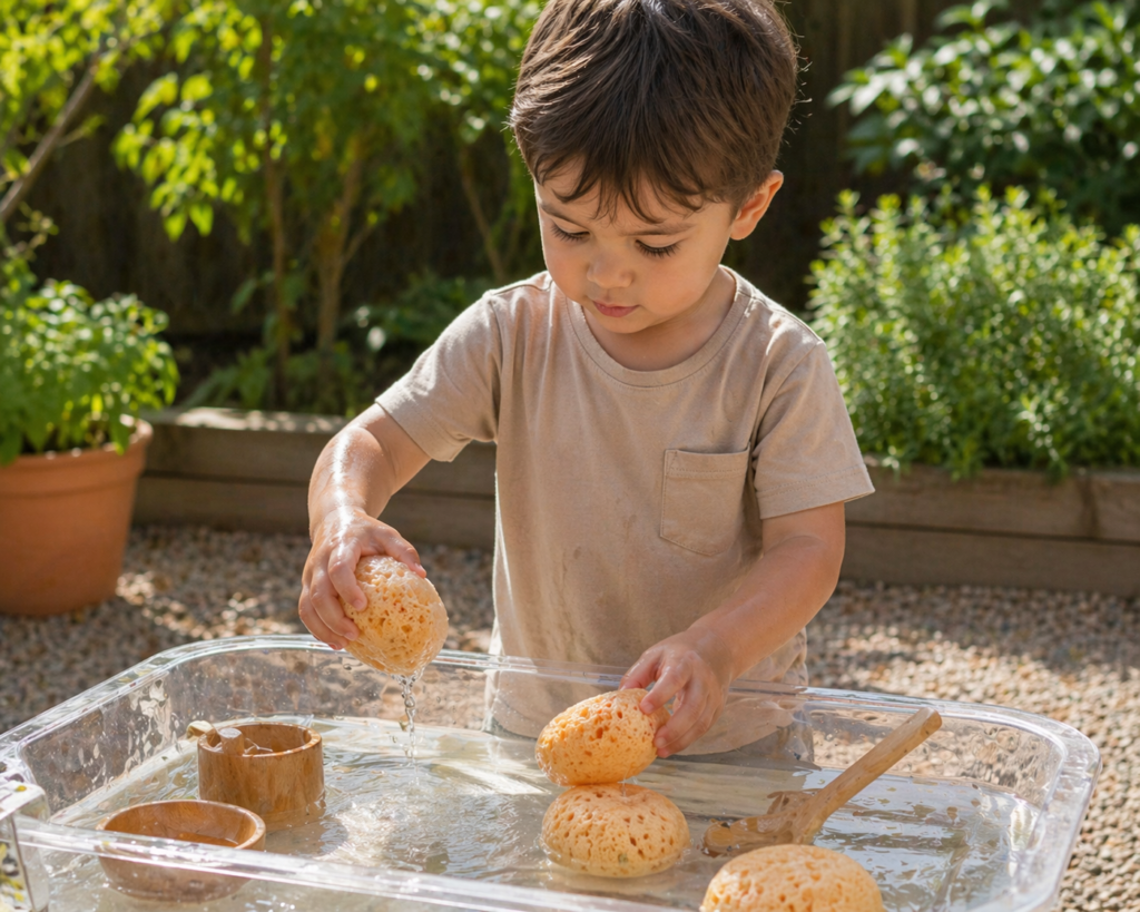 toddler playing with sponges and water