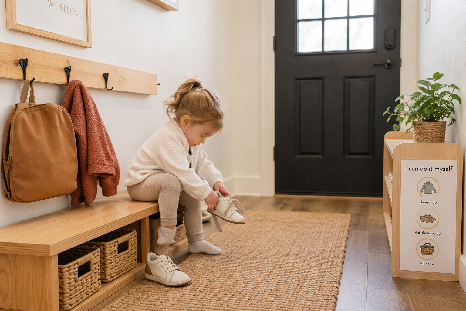 toddler taking shoes off at hallway
