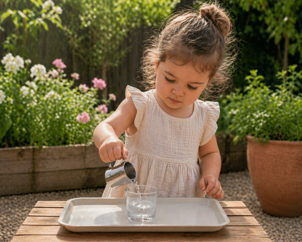 toddler transferring water from a jug