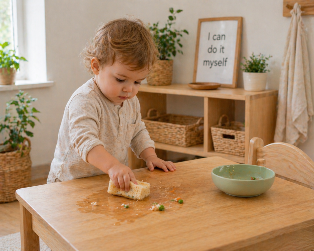toddler wiping table with a sponge