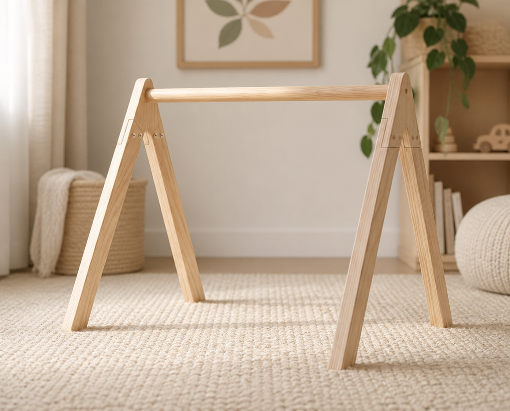 Scandi-inspired nursery with wooden play gym