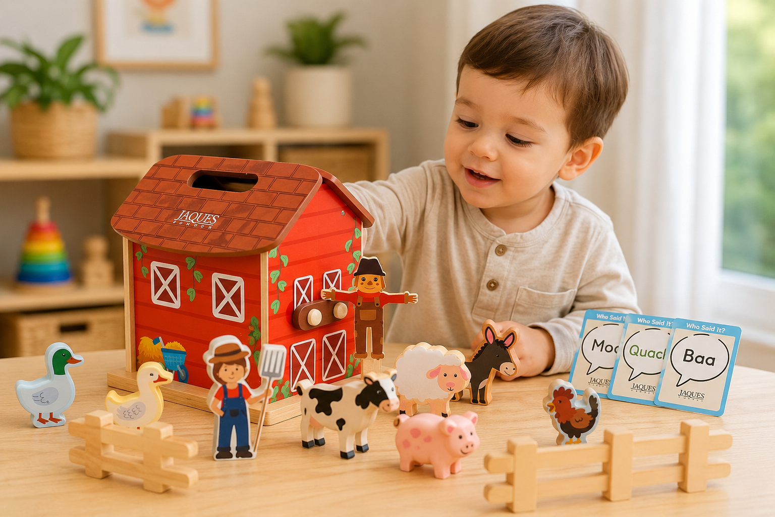 boy playing with farm animals wooden toy