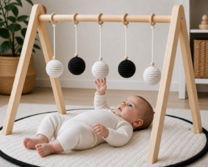 Minimalist nursery with baby play gym