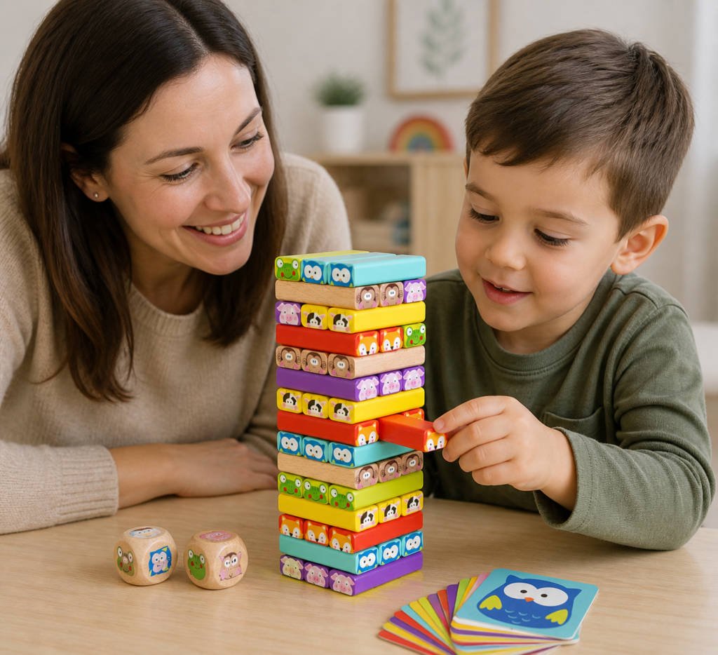 Mother and son playing block game