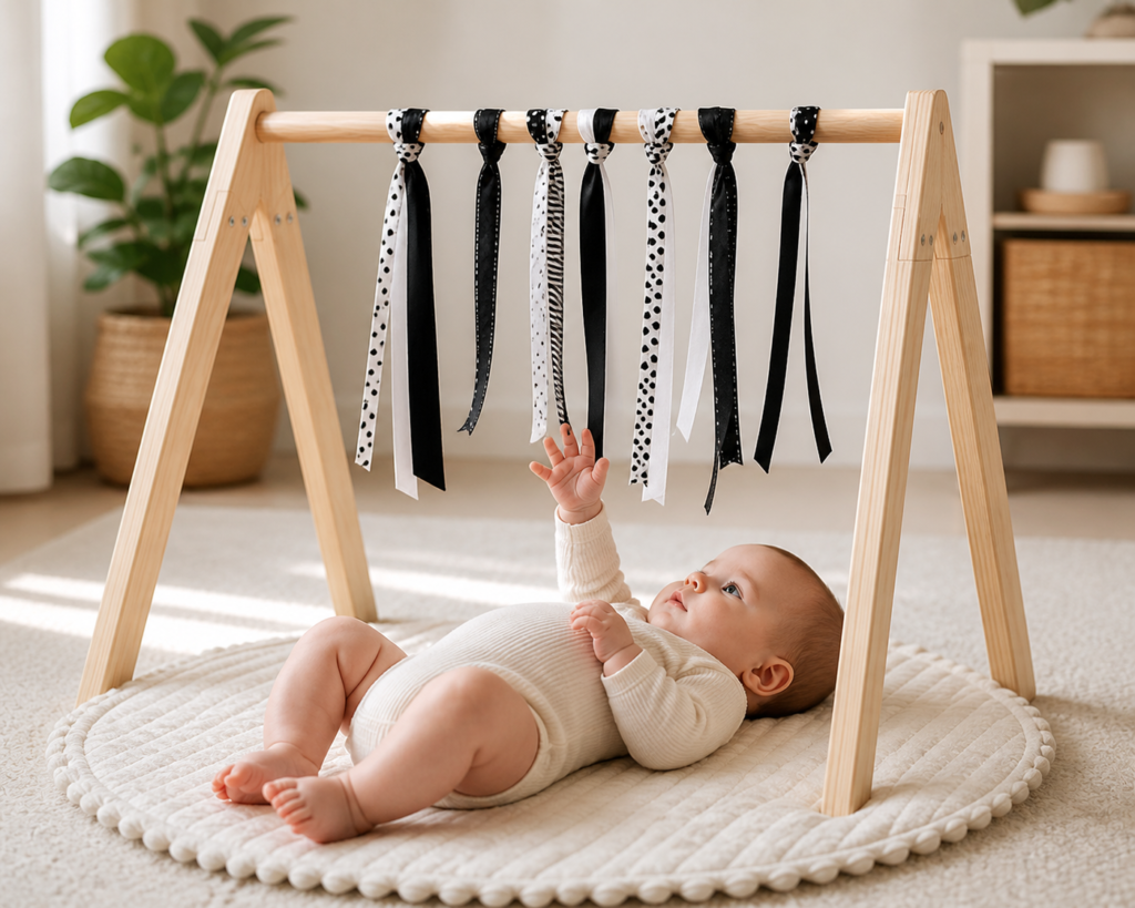 baby gym with black and white ribbons