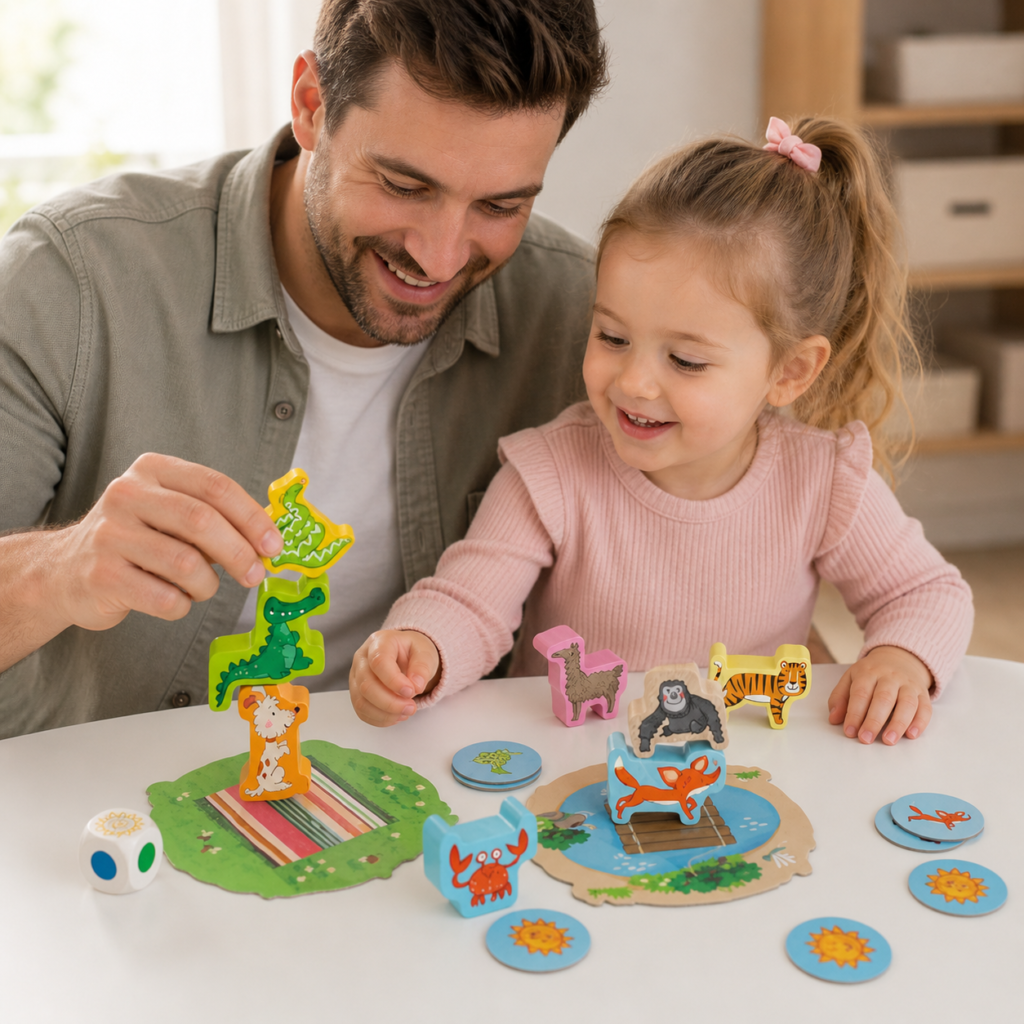 father and daughter playing stacking animals game