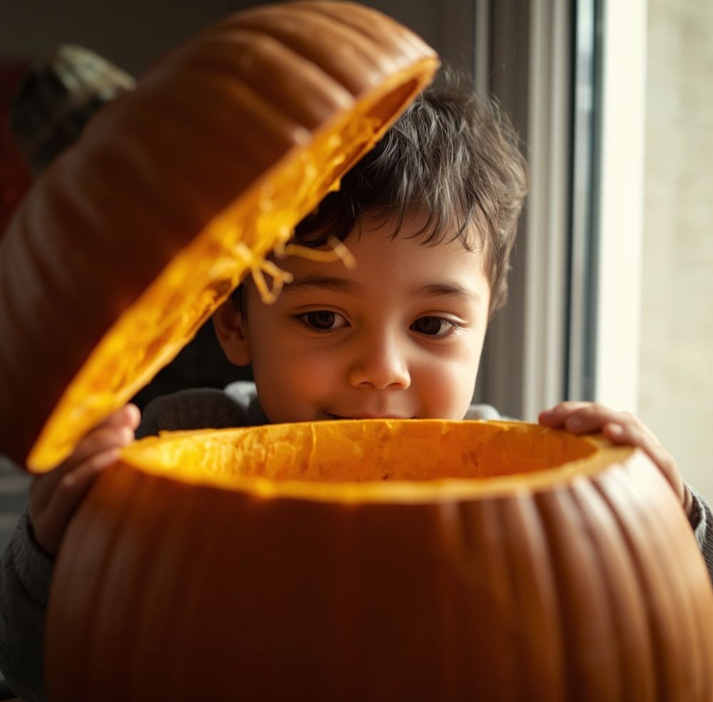 Toddler peering inside an opened pumpkin with a fascinated expression while holding the lid. Rich orange colours, natural window light.
