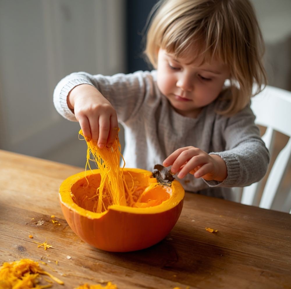 Toddler using both hands to scoop stringy pumpkin pulp into a bowl. Messy hands, genuine curiosity, wooden table, Scandinavian home.