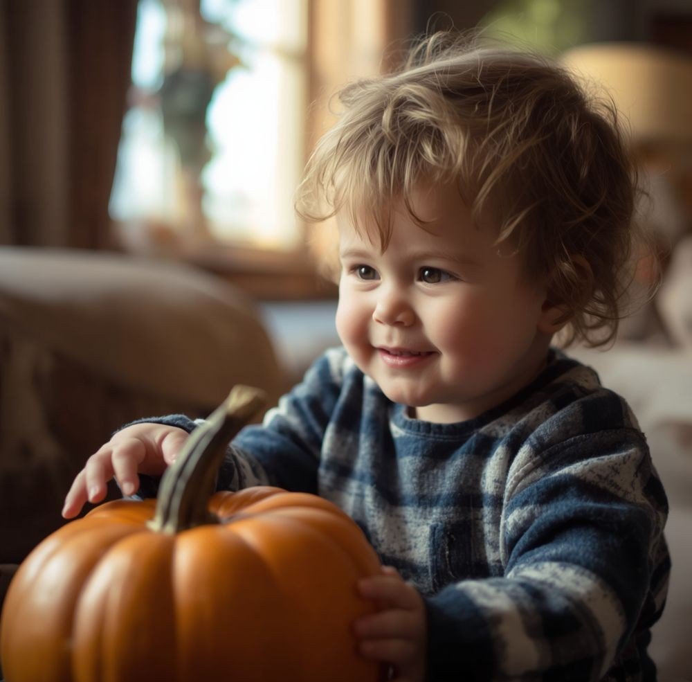 Toddler gently tapping a pumpkin with fingertips while listening carefully.