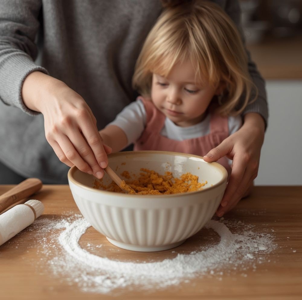 Parent and toddler stirring pumpkin muffin batter together in a ceramic mixing bowl.