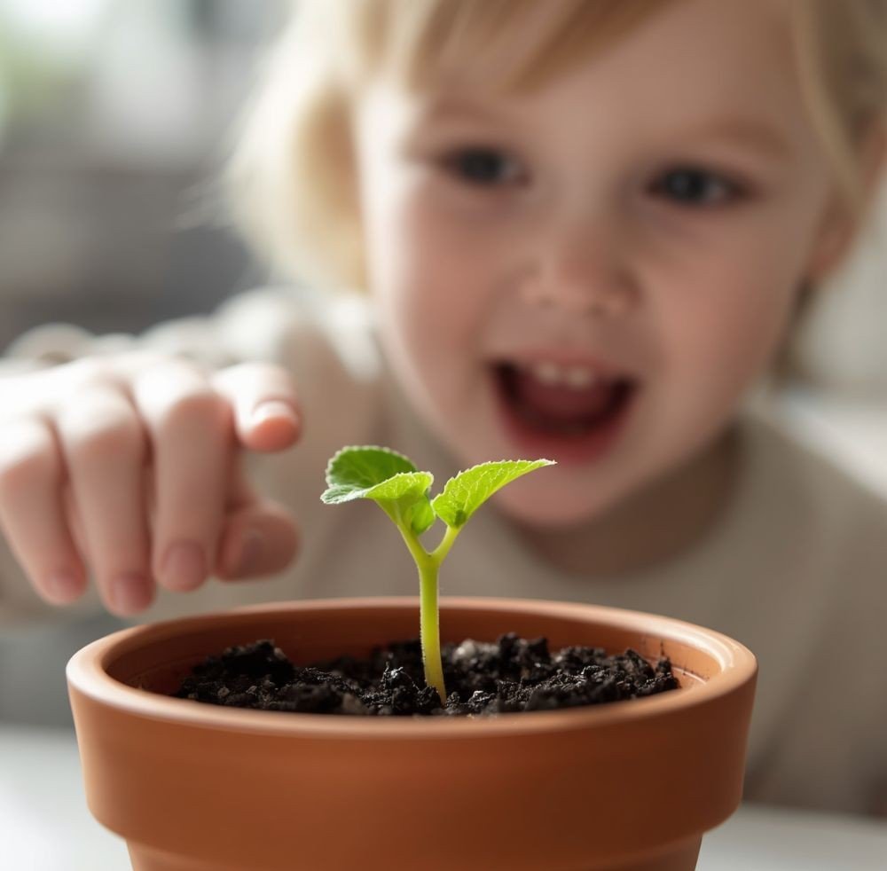 A tiny pumpkin seedling emerging from a terracotta pot while a toddler points at the first green leaves with excitement.