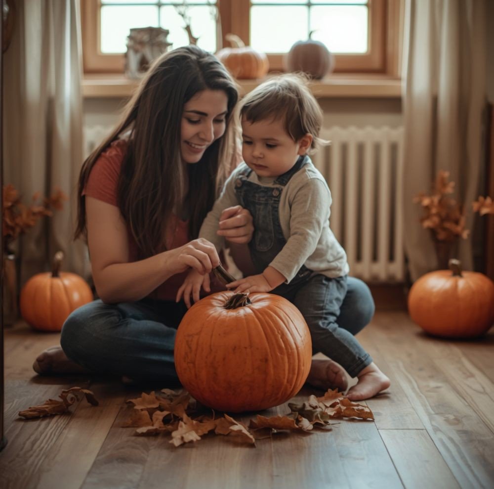 Parent and toddler lifting a pumpkin together from a wooden floor. Focus on teamwork rather than faces. Cozy autumn home.