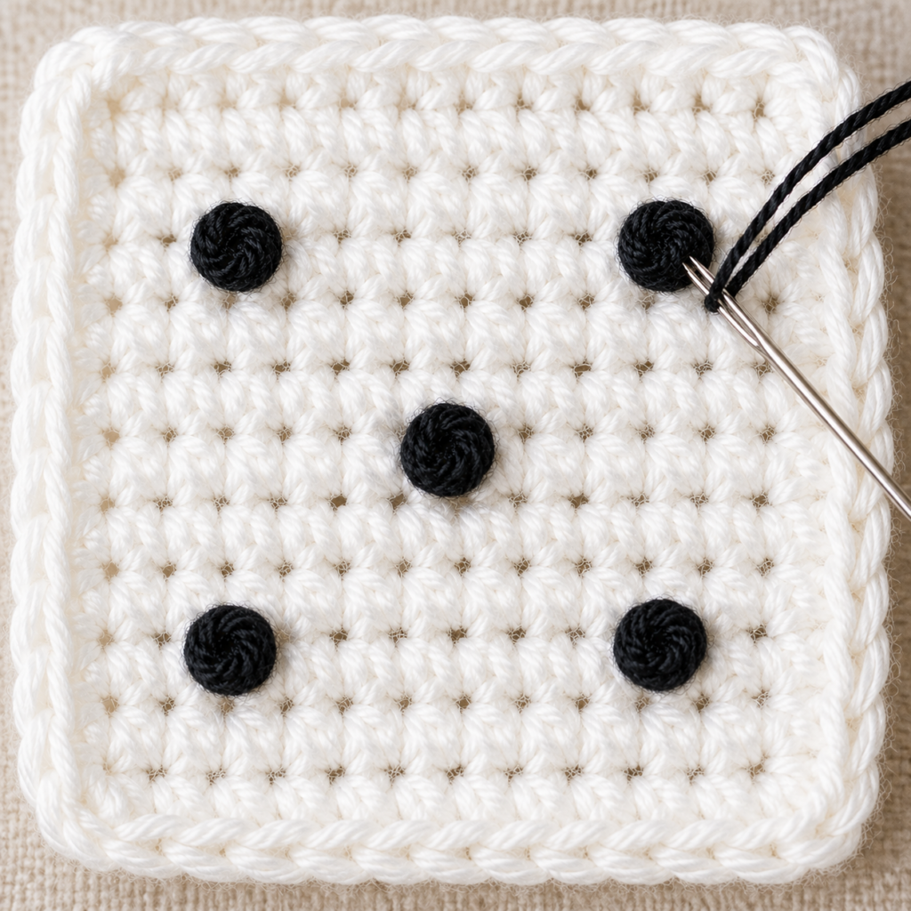 Embroidering black ots on dice crochet toy